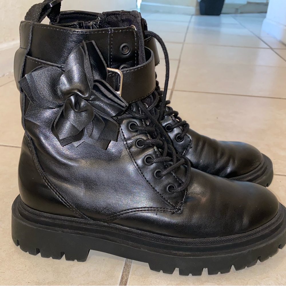 Zara Black Moto Boots with Bow Detail
